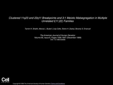 Clustered 11q23 and 22q11 Breakpoints and 3:1 Meiotic Malsegregation in Multiple Unrelated t(11;22) Families  Tamim H. Shaikh, Marcia L. Budarf, Livija.