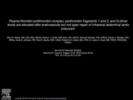 Plasma thrombin-antithrombin complex, prothrombin fragments 1 and 2, and D-dimer levels are elevated after endovascular but not open repair of infrarenal.