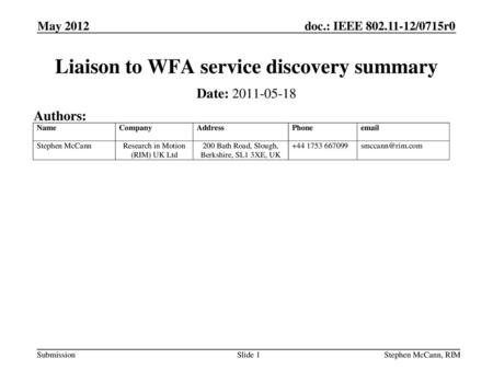 Liaison to WFA service discovery summary