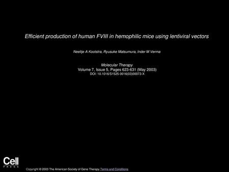 Neeltje A Kootstra, Ryusuke Matsumura, Inder M Verma  Molecular Therapy 