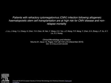 Patients with refractory cytomegalovirus (CMV) infection following allogeneic haematopoietic stem cell transplantation are at high risk for CMV disease.