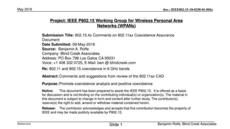 May 2018 Project: IEEE P802.15 Working Group for Wireless Personal Area Networks (WPANs) Submission Title: 802.15.4z Comments on 802.11ax Coexistence Assurance.