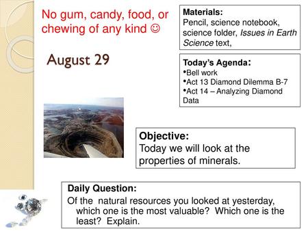 August 29 No gum, candy, food, or chewing of any kind  Objective: