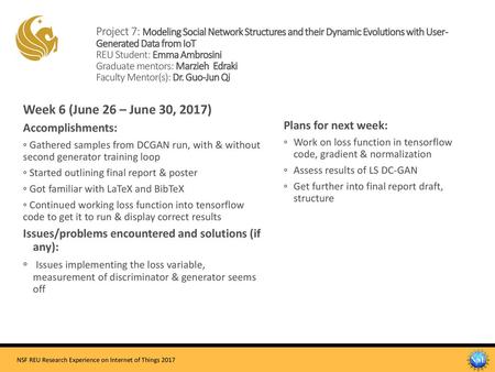 Project 7: Modeling Social Network Structures and their Dynamic Evolutions with User- Generated Data from IoT REU Student: Emma Ambrosini Graduate mentors: