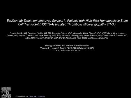 Eculizumab Treatment Improves Survival in Patients with High-Risk Hematopoietic Stem Cell Transplant (HSCT)-Associated Thrombotic Microangiopathy (TMA) 