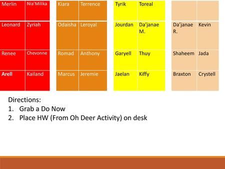 Place HW (From Oh Deer Activity) on desk