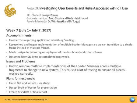 Project 9: Investigating User Benefits and Risks Associated with IoT Use REU Student: Joseph Prause Graduate mentors: Arup Ghosh and Neda Hajiakhoond.