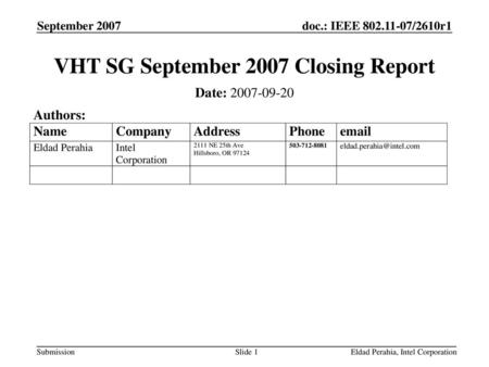 VHT SG September 2007 Closing Report