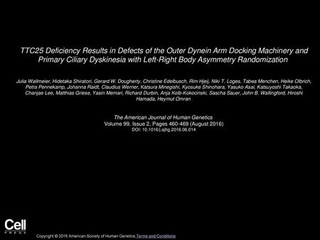 TTC25 Deficiency Results in Defects of the Outer Dynein Arm Docking Machinery and Primary Ciliary Dyskinesia with Left-Right Body Asymmetry Randomization 