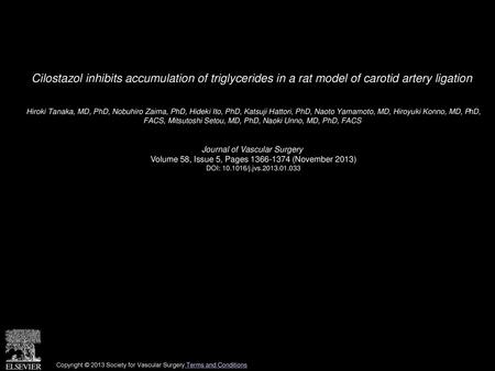 Cilostazol inhibits accumulation of triglycerides in a rat model of carotid artery ligation  Hiroki Tanaka, MD, PhD, Nobuhiro Zaima, PhD, Hideki Ito, PhD,