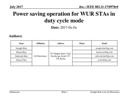 Power saving operation for WUR STAs in duty cycle mode