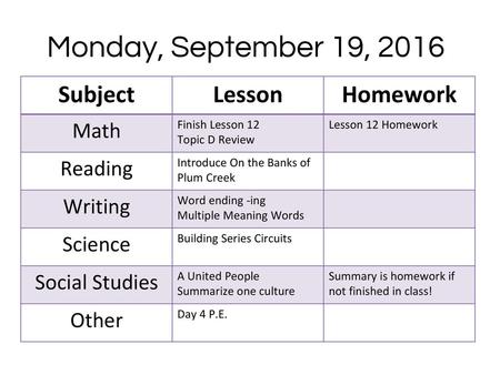 Monday, September 19, 2016 Subject Lesson Homework Math Reading