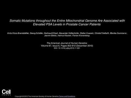 Somatic Mutations throughout the Entire Mitochondrial Genome Are Associated with Elevated PSA Levels in Prostate Cancer Patients  Anita Kloss-Brandstätter,