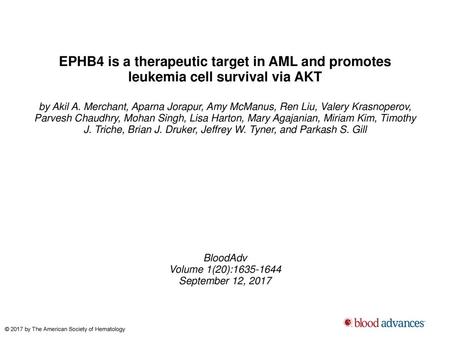 EPHB4 is a therapeutic target in AML and promotes leukemia cell survival via AKT by Akil A. Merchant, Aparna Jorapur, Amy McManus, Ren Liu, Valery Krasnoperov,