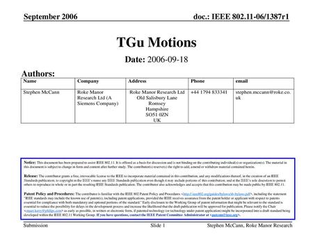 TGu Motions Date: Authors: September 2006 September 2006