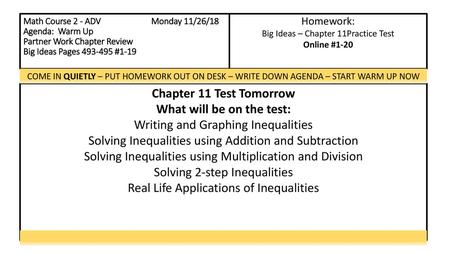 Homework: Big Ideas – Chapter 11Practice Test Online #1-20