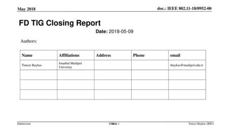 FD TIG Closing Report Date: Authors: May 2018 Name