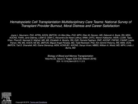 Hematopoietic Cell Transplantation Multidisciplinary Care Teams: National Survey of Transplant Provider Burnout, Moral Distress and Career Satisfaction 