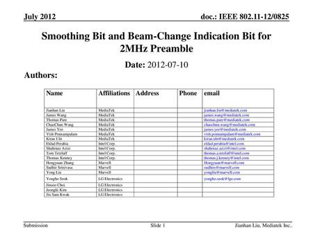 Smoothing Bit and Beam-Change Indication Bit for 2MHz Preamble