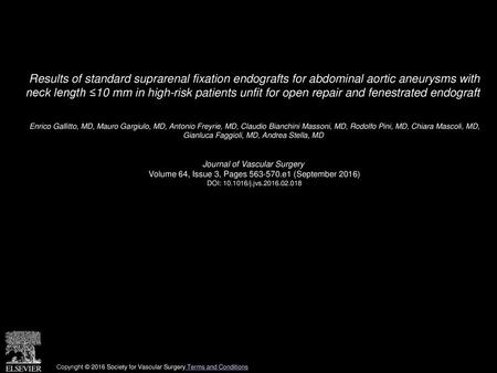 Results of standard suprarenal fixation endografts for abdominal aortic aneurysms with neck length ≤10 mm in high-risk patients unfit for open repair.