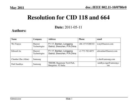 Resolution for CID 118 and 664 Date: Authors: Month Year