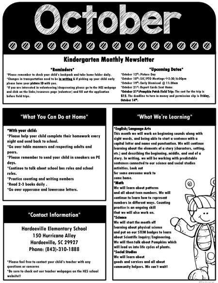 Kindergarten Monthly Newsletter