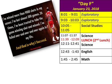 “Day F” January 23, :01 - 9:01 Exploratory 9:03 -10:03