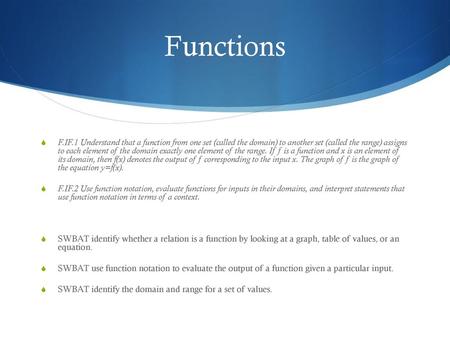 Functions F.IF.1 Understand that a function from one set (called the domain) to another set (called the range) assigns to each element of the domain exactly.