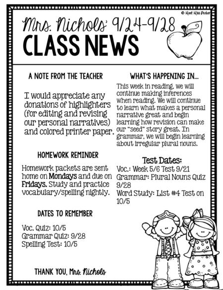 class news Mrs. Nichols’ 9/24-9/28