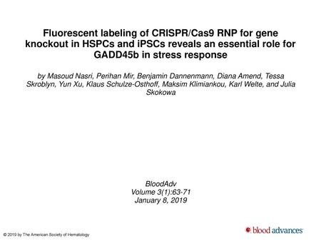 Fluorescent labeling of CRISPR/Cas9 RNP for gene knockout in HSPCs and iPSCs reveals an essential role for GADD45b in stress response by Masoud Nasri,