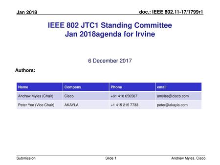 IEEE 802 JTC1 Standing Committee Jan 2018agenda for Irvine