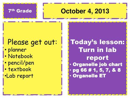 Please get out: October 4, 2013 Today’s lesson: Turn in lab report