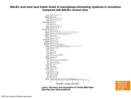 BALB/c scid mice have higher levels of macrophage-stimulating cytokines in circulation compared with BALB/c control mice. BALB/c scid mice have higher.