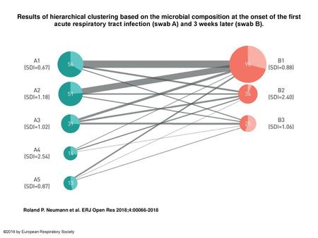 Results of hierarchical clustering based on the microbial composition at the onset of the first acute respiratory tract infection (swab A) and 3 weeks.