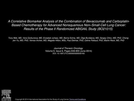 A Correlative Biomarker Analysis of the Combination of Bevacizumab and Carboplatin- Based Chemotherapy for Advanced Nonsquamous Non–Small-Cell Lung Cancer: