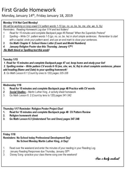 First Grade Homework Monday, January 14th, Friday January 18, 2019