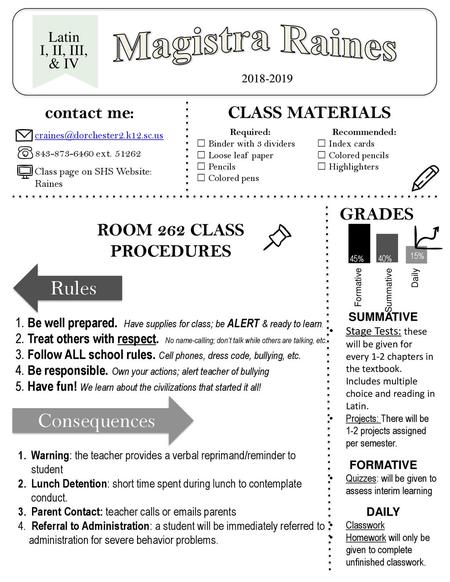 Magistra Raines Rules Consequences contact me: CLASS MATERIALS Grades