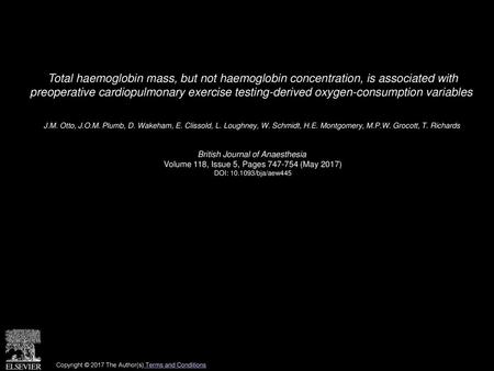 Total haemoglobin mass, but not haemoglobin concentration, is associated with preoperative cardiopulmonary exercise testing-derived oxygen-consumption.