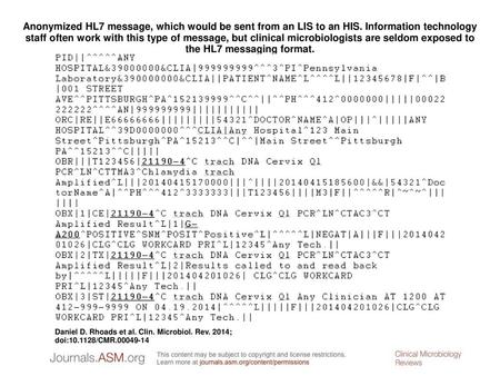 Anonymized HL7 message, which would be sent from an LIS to an HIS