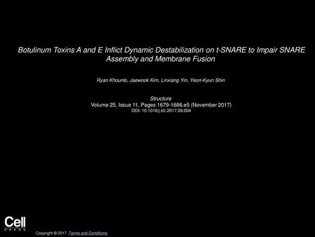 Botulinum Toxins A and E Inflict Dynamic Destabilization on t-SNARE to Impair SNARE Assembly and Membrane Fusion  Ryan Khounlo, Jaewook Kim, Linxiang.