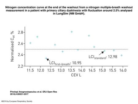 Nitrogen concentration curve at the end of the washout from a nitrogen multiple-breath washout measurement in a patient with primary ciliary dyskinesia.