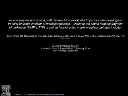 In vivo suppression of vein graft disease by nonviral, electroporation-mediated, gene transfer of tissue inhibitor of metalloproteinase-1 linked to the.