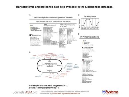 Transcriptomic and proteomic data sets available in the Listeriomics database. Transcriptomic and proteomic data sets available in the Listeriomics database.