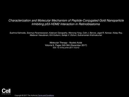 Characterization and Molecular Mechanism of Peptide-Conjugated Gold Nanoparticle Inhibiting p53-HDM2 Interaction in Retinoblastoma  Sushma Kalmodia, Sowmya.