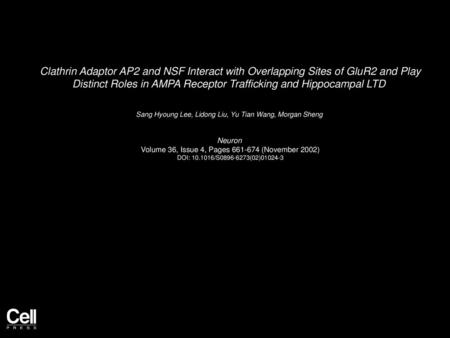 Clathrin Adaptor AP2 and NSF Interact with Overlapping Sites of GluR2 and Play Distinct Roles in AMPA Receptor Trafficking and Hippocampal LTD  Sang Hyoung.