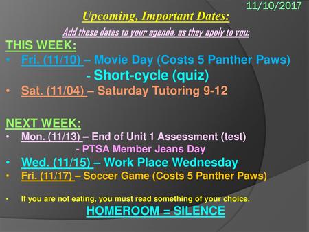 Upcoming, Important Dates: