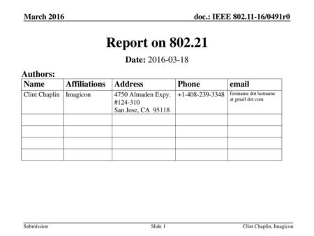 Report on Date: Authors: March 2016 July 2013