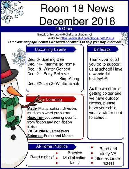 Room 18 News December th Grade Upcoming Events Birthdays