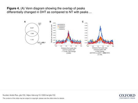 Figure 4. (A) Venn diagram showing the overlap of peaks differentially changed in DHT as compared to NT with peaks ... Figure 4. (A) Venn diagram showing.