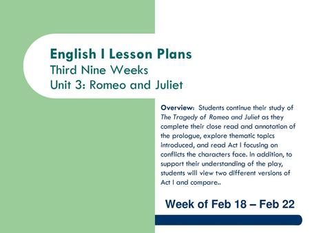 English I Lesson Plans Third Nine Weeks Unit 3: Romeo and Juliet